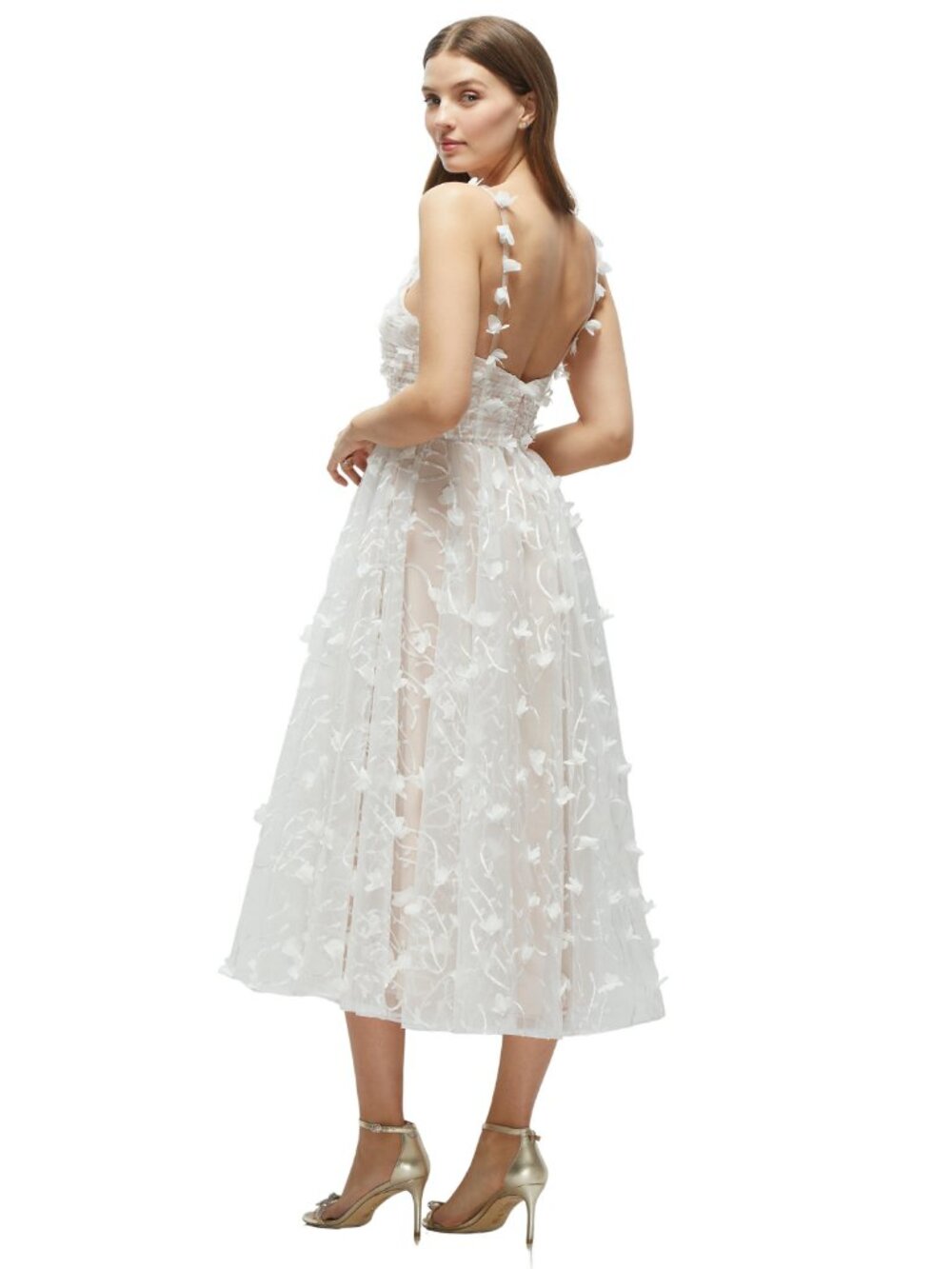 Dessy Midi 3D Ivory & Nude Floral Tulle Occasion Dress Bridal